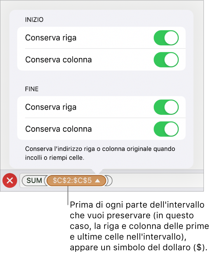 Controlli per specificare quali riferimenti di riga e colonna di una cella mantenere se la cella viene spostata o copiata. Il simbolo del dollaro compare davanti a ciascuna parte del riferimento di intervallo che desideri conservare.