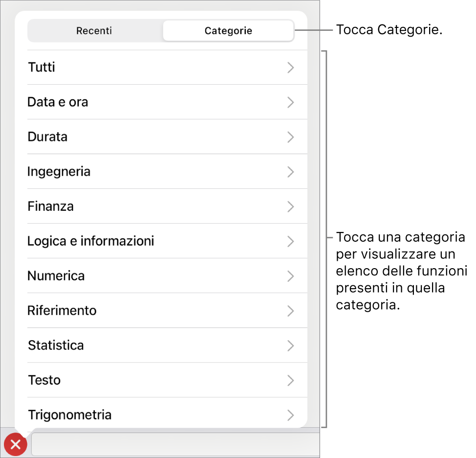 Il browser funzioni con il pulsante Categorie selezionato e l’elenco delle categorie sotto.