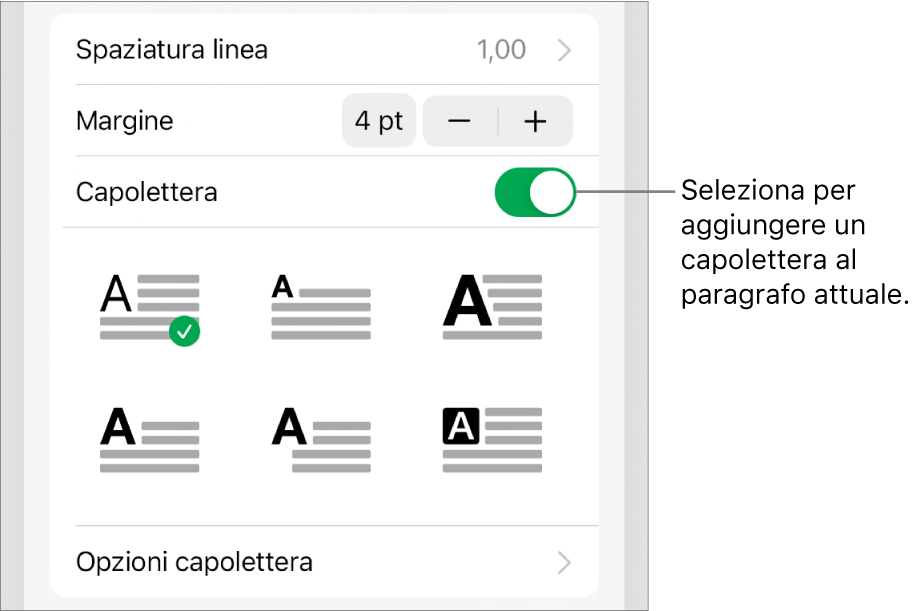 I controlli Capolettera situati nel menu Testo.