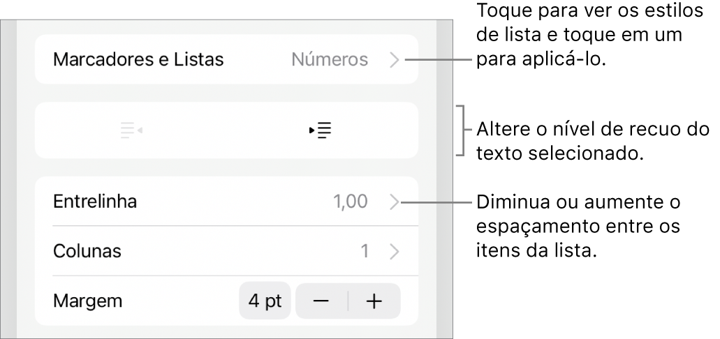 Seção “Marcadores e Listas” dos controles de Formatação, com chamadas para “Marcadores e Listas”, botões para aumentar ou diminuir o recuo e controles de entrelinha.