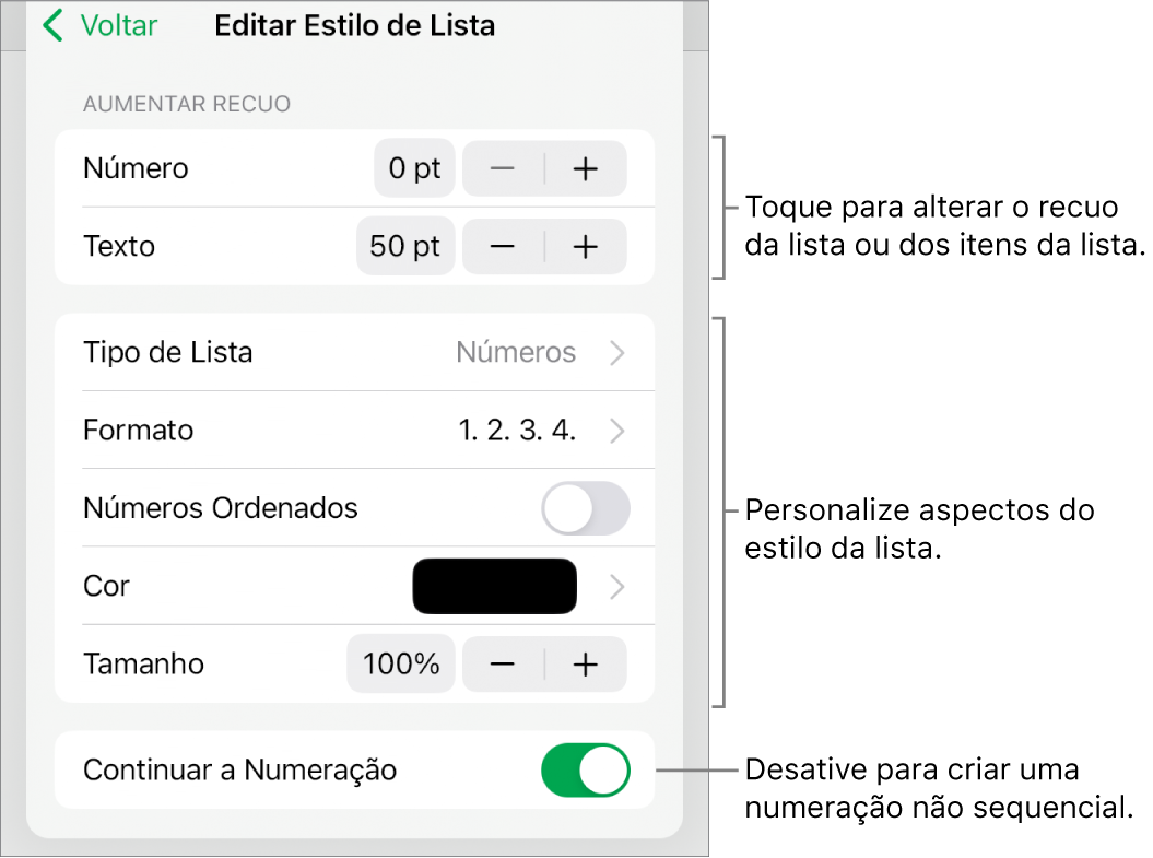 Menu “Editar Estilo de Lista” com controles para espacejamento de recuo, formato e tipo de lista, alinhamento de números, cor e tamanho da lista e numeração contínua.