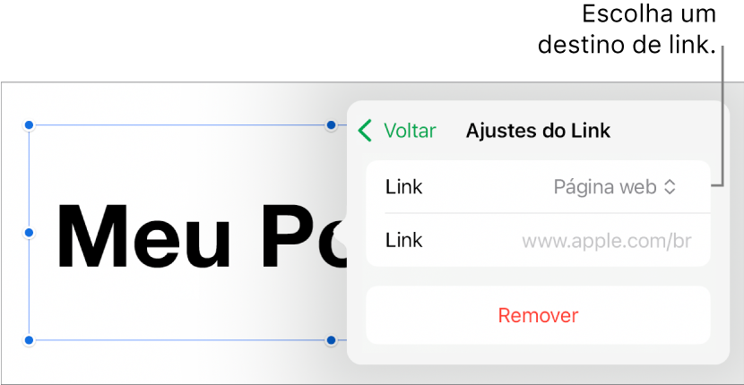 Controles de “Ajustes do Link” com Página Web selecionado e o botão Remover na parte inferior.