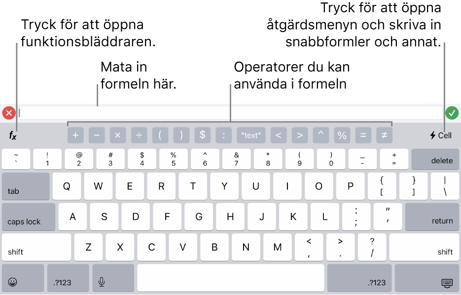 Formeltangentbordet med formelredigeraren högst upp och operatorerna som används i formler under det. Funktionsknappen, som du öppnar funktionsbläddraren med, finns till vänster om operatorerna, och till höger finns åtgärdsmenyknappen.