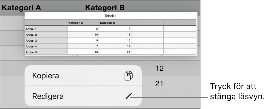 En tabellcell är markerad och ovanför den finns en meny med knapparna Kopiera och Ändra.