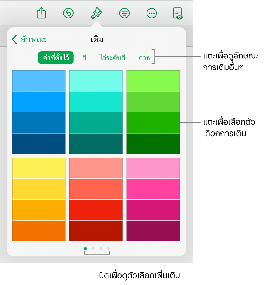 ตัวเลือกการเติมในแถบลักษณะของปุ่มรูปแบบ