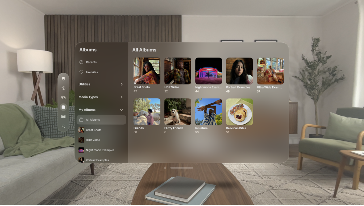 The Photos app on Apple Vision Pro, showing several different albums and options, such as Media Types and Recents.