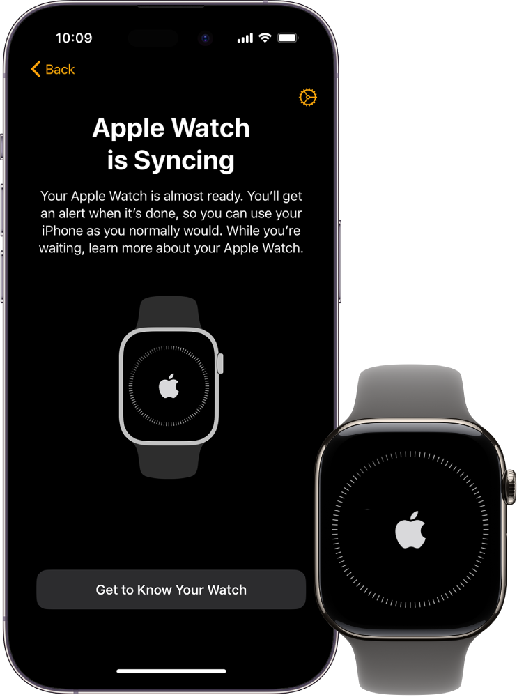 Un iPhone et une Apple Watch affichant leur écran de synchronisation.