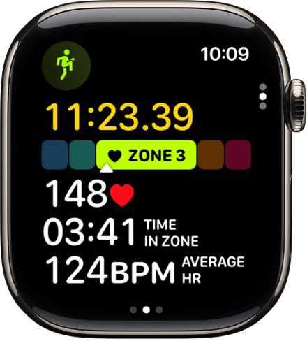 Un exercice en cours affichant le temps écoulé, la fréquence cardiaque actuelle et la fréquence cardiaque moyenne.