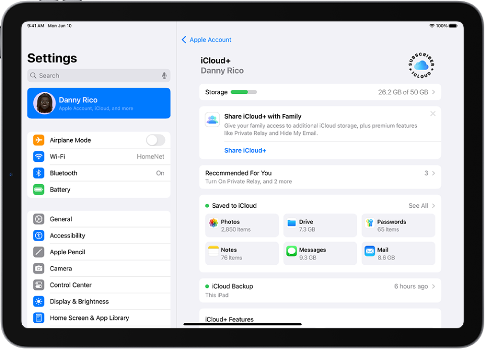 A screen showing settings for iCloud, including the iCloud storage meter and a list of apps and features, such as Photos, iCloud Drive, Passwords, Notes, Messages, and Mail.