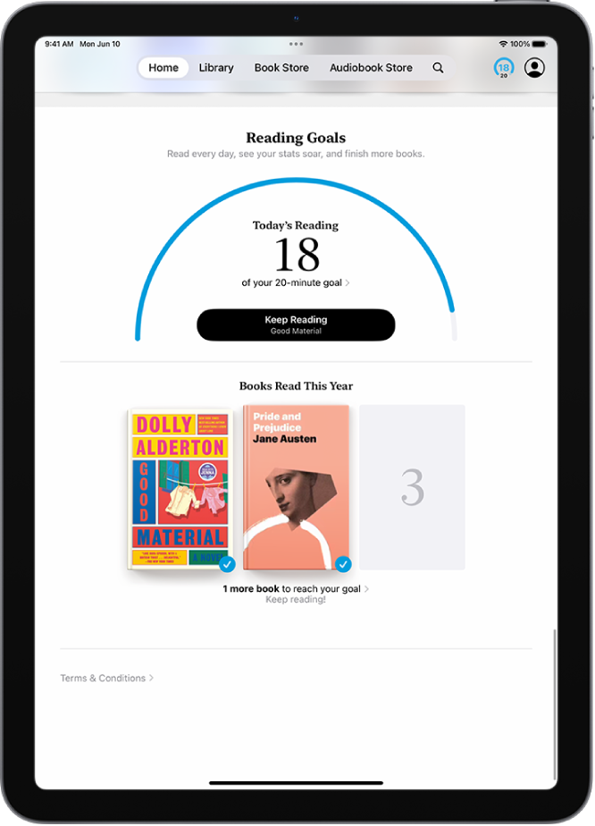 The Reading Goals screen showing stats for the user—such as today’s reading, their reading record for the week, and their books read this year.