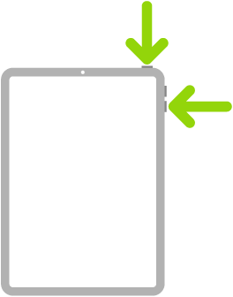 An illustration of iPad with arrows pointing to the top button and a volume button on the upper right.