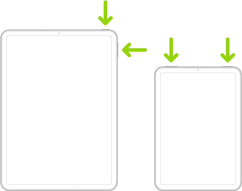 Two iPad models. Both iPad models have a top button; one iPad model has volume buttons on the side, and the other has volume buttons at the top. Arrows point to the top buttons and volume buttons.