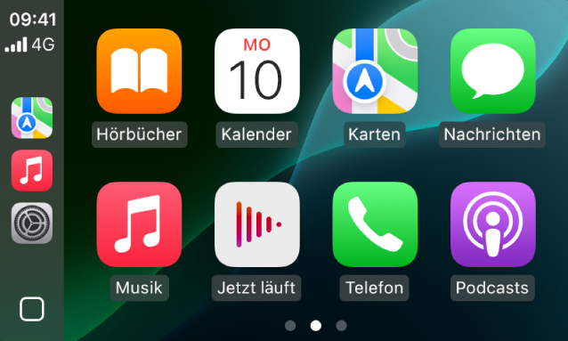 Ein CarPlay-Home-Bildschirm mit den Optionen „Karten“, „Musik“ und „Nachrichten“ in der Seitenleiste. Auf der rechten Seite werden die Optionen „Hörbücher“, „Kalender“, „Karten“, „Nachrichten“, „Musik“, „Jetzt läuft“, „Telefon“ und „Podcasts“ angezeigt.