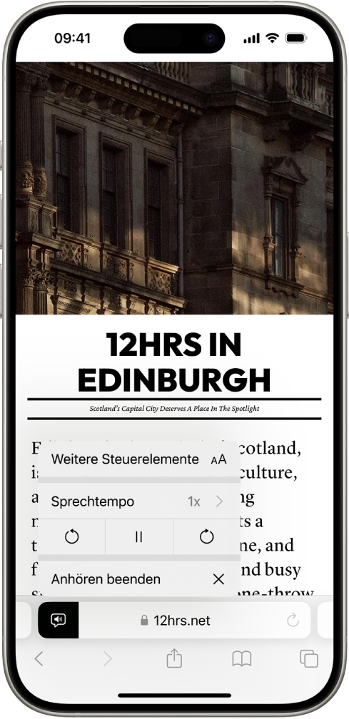 In Safari ist eine Website geöffnet. Die Taste „Seiteneinstellungen“ ist ausgewählt und die Steuerung zum Anhören wird angezeigt.