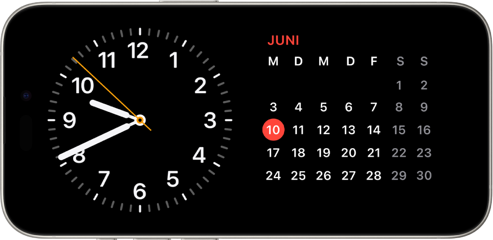 Das iPhone ist horizontal gedreht. Auf der linken Seite des Bildschirms wird eine Uhr und auf der rechten Seite wird das Datum angezeigt.