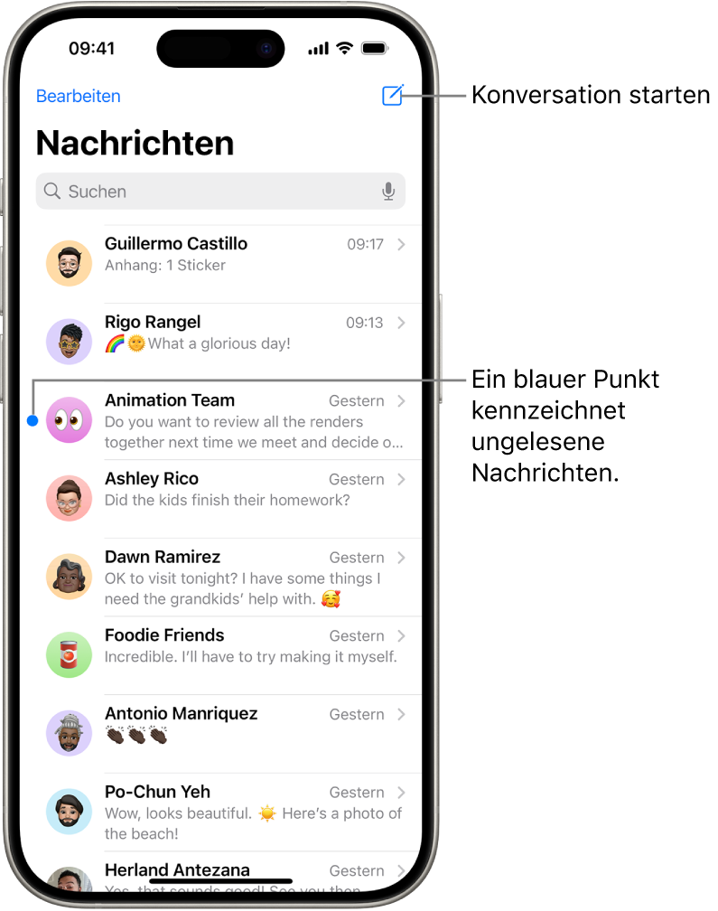 Die Konversationsliste in der App „Nachrichten“ mit der Taste „Erstellen“ oben rechts. Ein blauer Punkt links neben einer Nachricht besagt, dass die betreffende Nachricht noch nicht gelesen wurde.