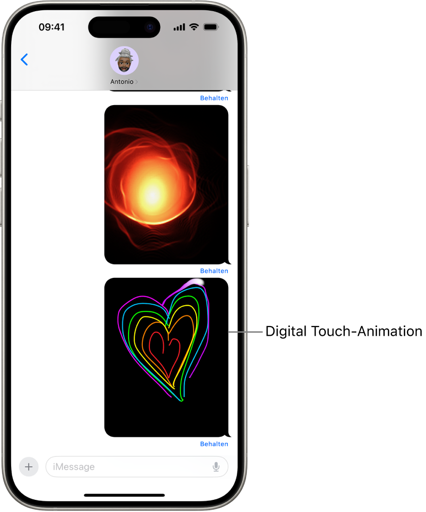 Eine Konversation in der App „Nachrichten“ mit einer Digital Touch-Geste und -Animation.