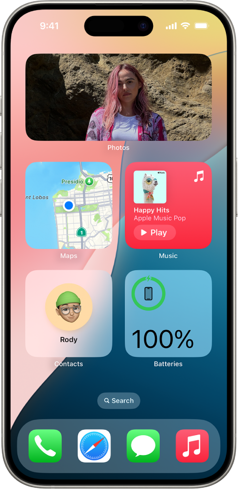 The Photos, Maps, Music, Contacts, and Batteries widgets on the iPhone Home Screen. The Music widget displays interactive features.