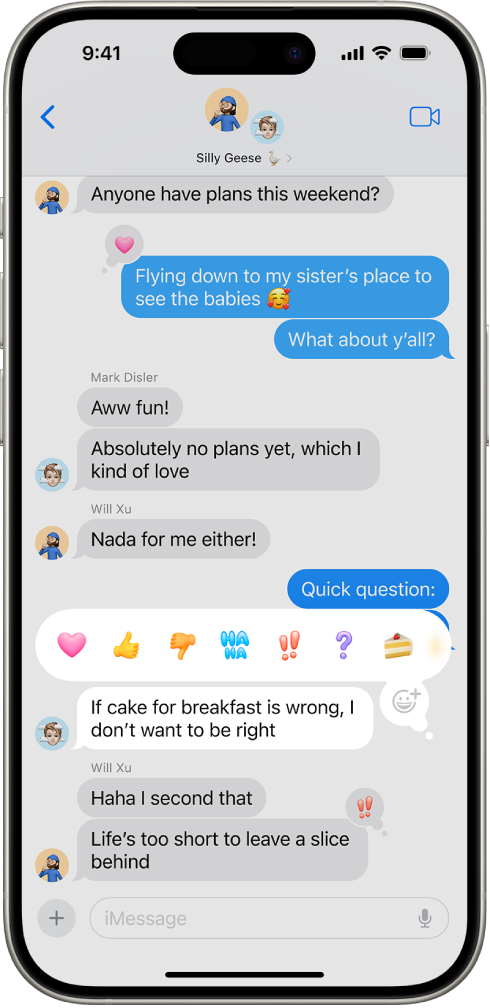 A conversation in the Messages app. A message is selected and shows Tapback options that include emoji.