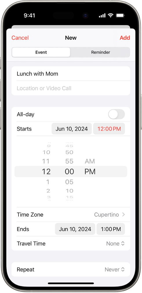 A calendar event showing settings for the time and time zone of the event.