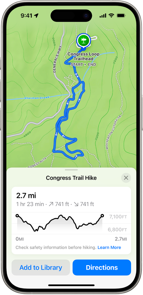 A topographic map in the Maps app showing a hiking trail. At the bottom of the screen are an elevation chart, the Add to Library button, and the Directions button.