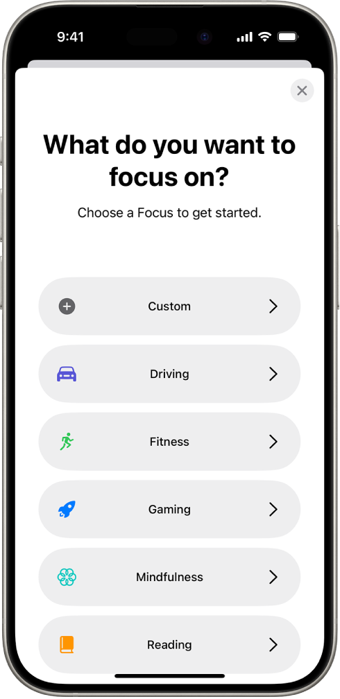 A Focus setup screen for the additional provided Focus options, including Custom, Driving, Fitness, Gaming, Mindfulness, and Reading.