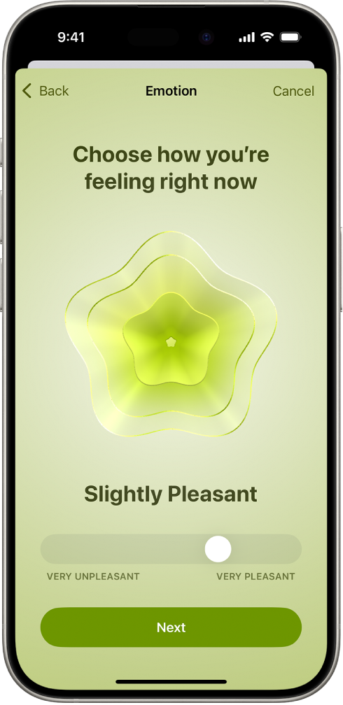 A screen in the Health app identifying the current mood as Slightly Pleasant. At the bottom of the screen is a slider to adjust the level of the emotion.