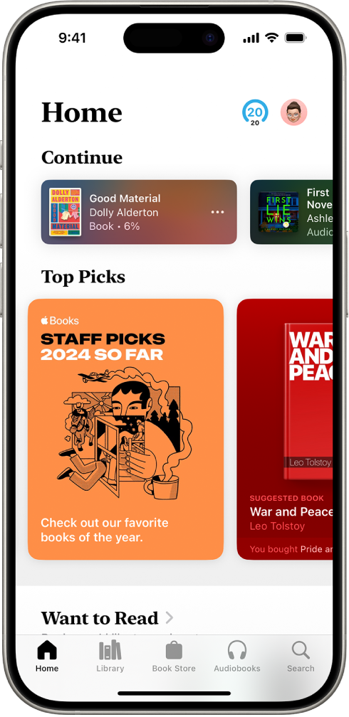 The Home screen in the Books app. At the bottom of the screen are, from left to right, the Home, Library, Book Store, Audiobooks, and Search tabs. The Home tab is selected.