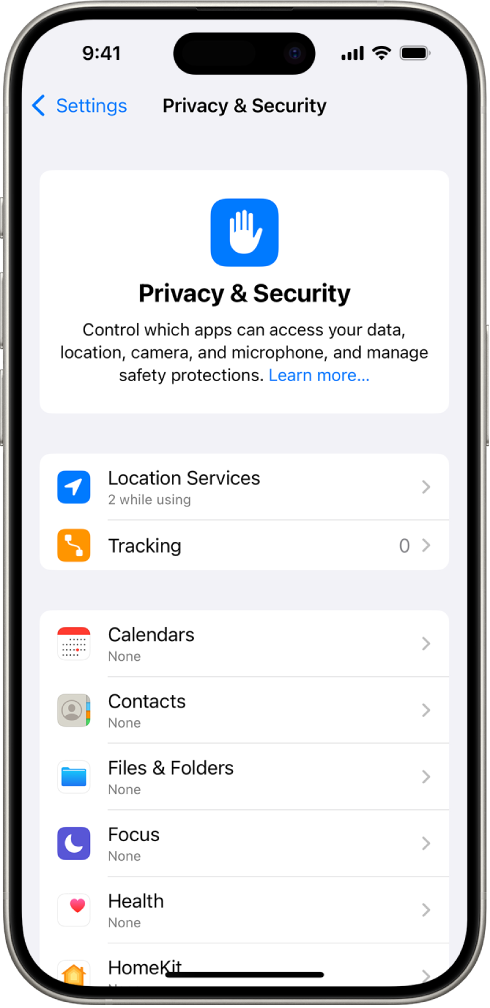 The Privacy & Security screen, with settings for Location Services and Tracking, and settings to control which apps can access your data.