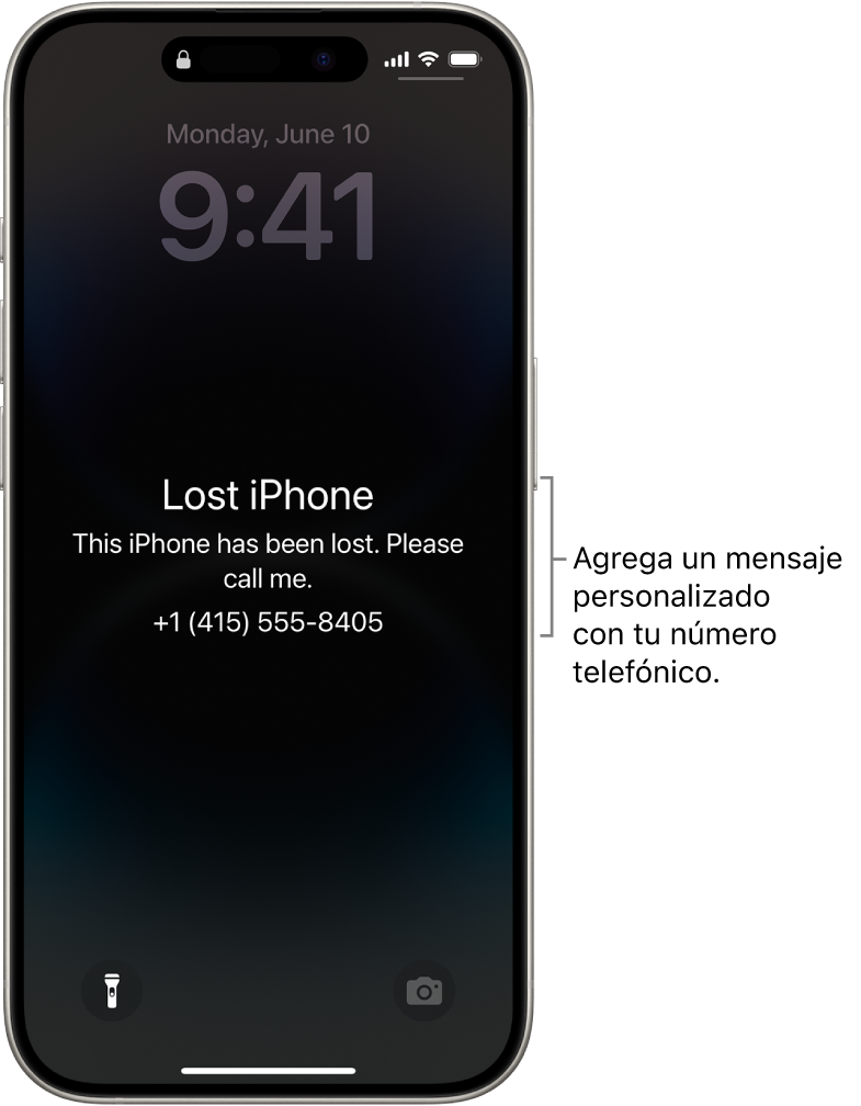 La pantalla bloqueada con el mensaje de un iPhone perdido. Puedes agregar un mensaje personalizado con tu número telefónico.