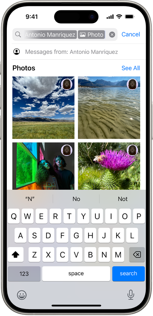 El campo de búsqueda en la app Mensajes. El campo de búsqueda contiene una etiqueta que limita la búsqueda a las fotos enviadas por una persona.