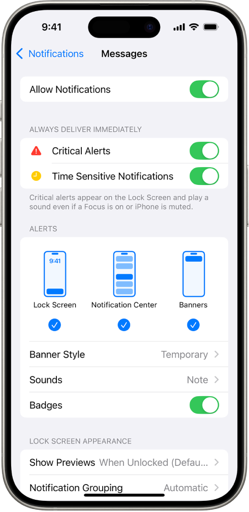 El iPhone con la configuración de Mensajes para las notificaciones y las alertas.