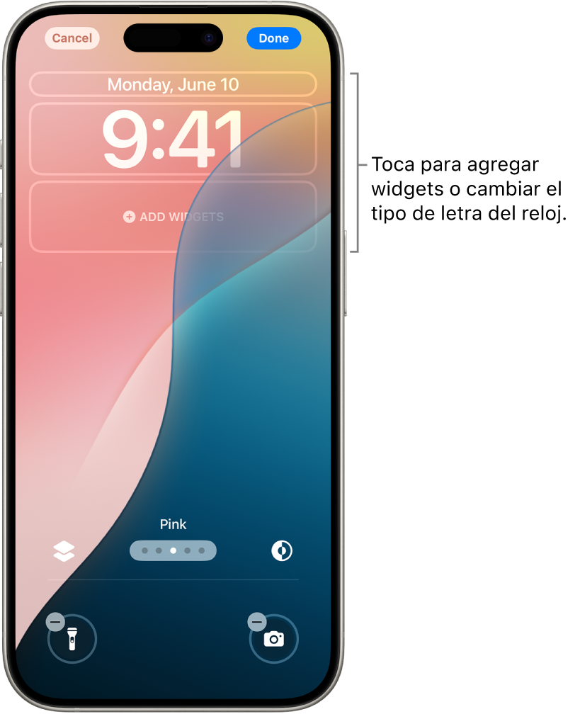 Una pantalla bloqueada personalizada en proceso de edición. Se seleccionaron los elementos disponibles para una mayor personalización: la fecha, la hora y un botón para agregar widgets.