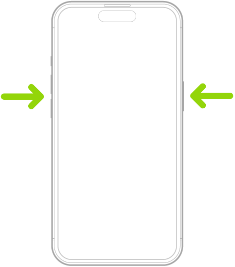 Contour d’un iPhone avec des flèches pointant vers le bouton latéral et l’un des boutons de volume.