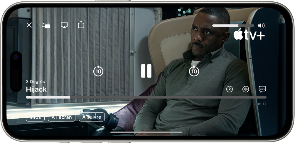 Une série TV est en cours de diffusion, et des commandes sont visibles. Les boutons Fermer, « Image dans l’image », AirPlay et Partager se trouvent en haut à gauche. Le curseur de volume se trouve en haut à droite. Au centre se trouvent des boutons permettant de reculer de 10 secondes, de faire une pause et d’avancer de 10 secondes. En bas, au centre, se trouve un curseur que vous pouvez faire glisser pour ajuster la position de la vidéo ; le temps écoulé et le temps restant apparaissent de part et d’autre du curseur. En bas à droite se trouvent les boutons Infos, « À l’écran » et « À suivre ».