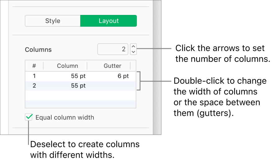 The text column controls in the Layout pane of the Format sidebar.