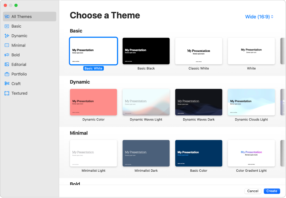 The theme chooser. A sidebar on the left lists theme categories you can click to filter options. On the right are thumbnails of predesigned themes, arranged in rows by category.