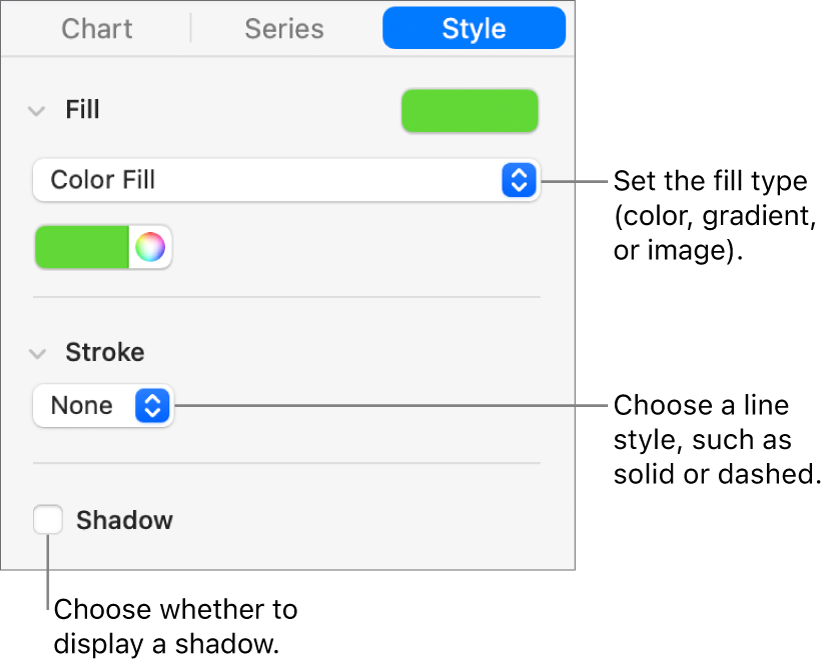 Controls for changing the appearance of data series.