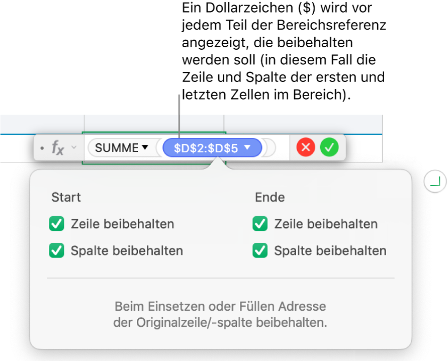 Formel, die zeigt, dass Zeilen- und Spaltenreferenzen beibehalten werden.