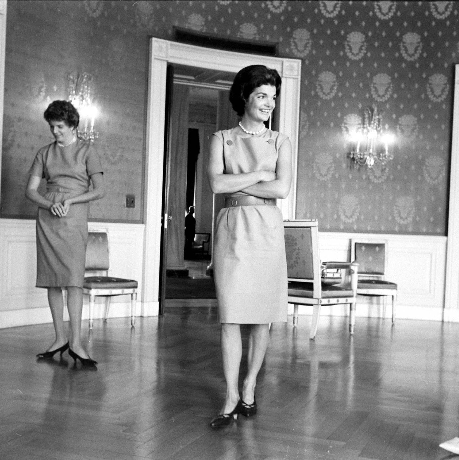 Jackie Kennedy in the process of redecorating the Blue Room in the White House