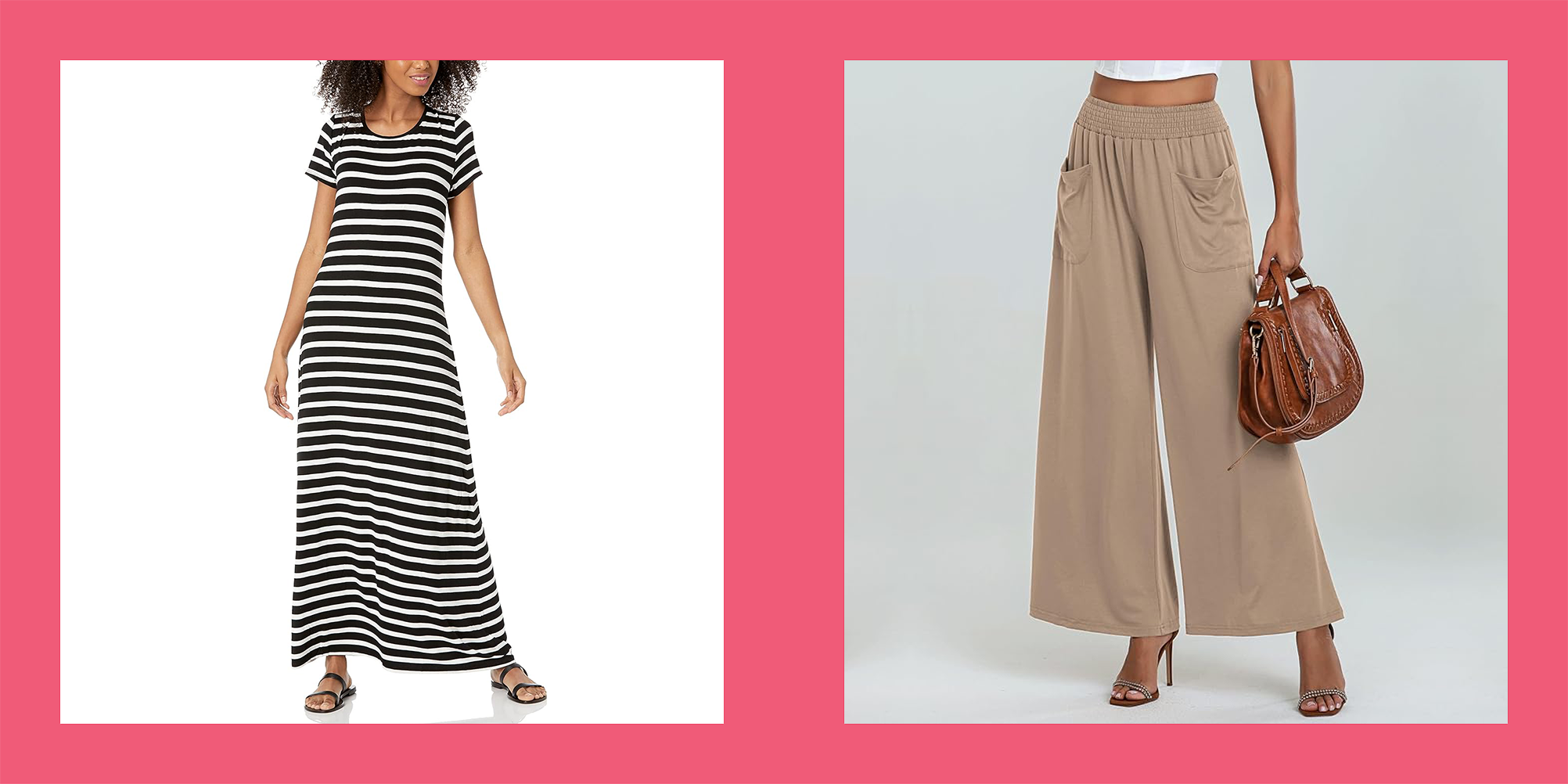 maxi dress with stripes and beige palazzo pants