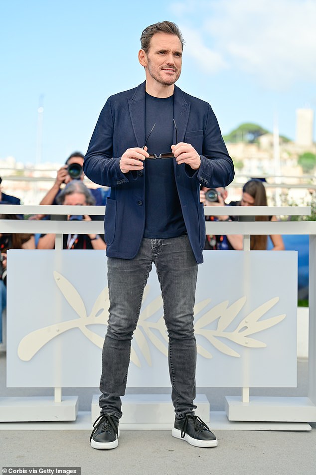 Dillon was in a dark blazer with a black shirt and gray jeans as he attended the photo call for Being Maria at Palais des Festivals