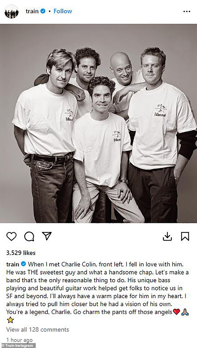 Train bassist Charlie Colin was remembered by his bandmates in a post featuring a photo of an early lineup of the band after the bassist died at 58. It was shared shortly after news broke on Wednesday; (L–R) Colin, Rob Hotchkiss, Pat Monahan, Jimmy Stafford and Scott Underwood