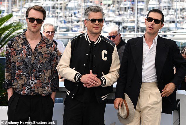 Hugh Skinner, 39, Benjamin Biolay, 51, and Melvil Poupaud, 51, also attended the photocall for the hit new film (Pictured L-R)