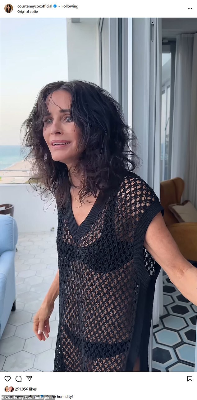 Courteney Cox, 59, channeled her Friends character Monica Geller as she joked about the humidity in Miami and how it was affecting her hair on Wednesday