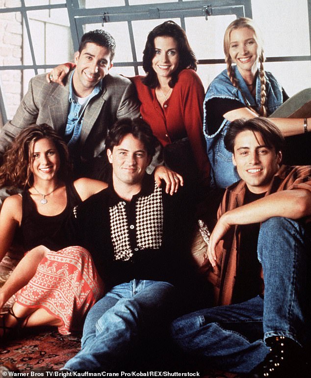 Cox starred alongside Lisa Kudrow, Jennifer Aniston, Matt LeBlanc, David Schwimmer, and the late Matthew Perry; (Top L-R) Schwimmer, Cox, Kudrow, (Bottom L-R) Aniston, Perry, Leblanc