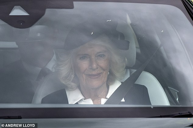 Camilla leaves after Ian Farquhar's memorial service in Badminton, Gloucestershire, today