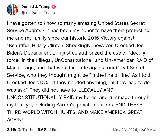 Trump made the claims in an overnight post Thursday on Truth Social , expanding on the unfounded and shocking assertion he had made Tuesday - that President Joe Biden was 'locked & loaded ready to take me out'