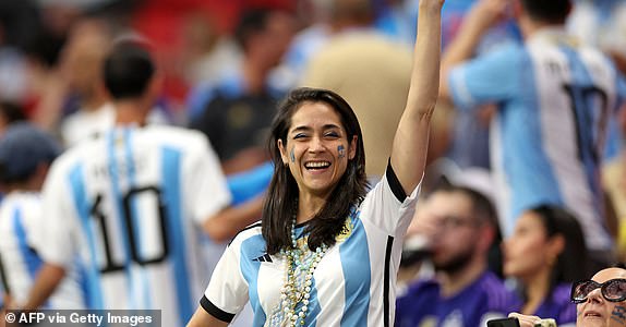 An Argentina's supporter cheers ahead of the Conmebol 2024 Copa America tournament group A football match between Argentina and Canada at Mercedes Benz Stadium in Atlanta, Georgia, on June 20, 2024. (Photo by CHARLY TRIBALLEAU / AFP) (Photo by CHARLY TRIBALLEAU/AFP via Getty Images)