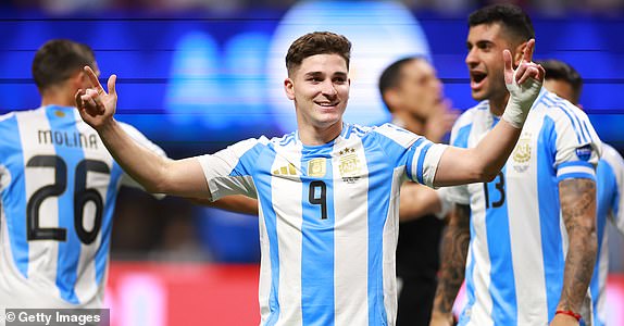 ATLANTA, GEORGIA - JUNE 20: Julian Alvarez of Argentina celebrates after scoring the team's first goal during the CONMEBOL Copa America group A match between Argentina and Canada at Mercedes-Benz Stadium on June 20, 2024 in Atlanta, Georgia. (Photo by Hector Vivas/Getty Images)